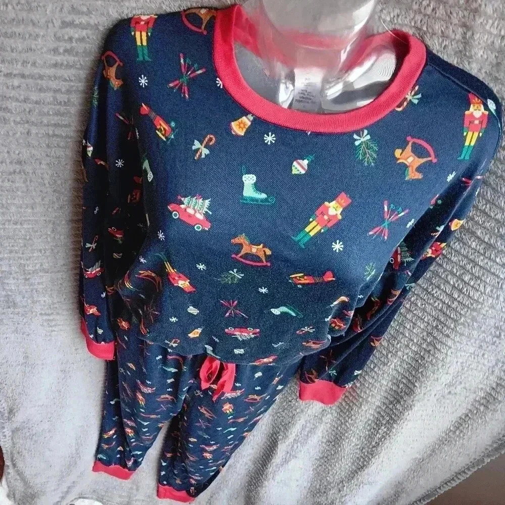 Members Mark Womens Holiday Christmas 2 Pc Blue Print Pajama Set Pockets Sz L